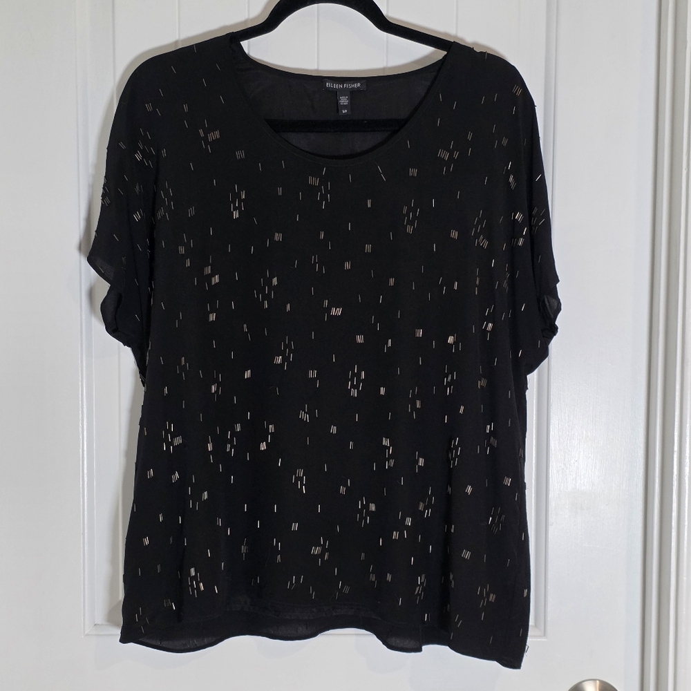 NWOT Eileen‎ Fisher Silk Black Hand Beaded Falling Star Loose Blouse Shirt Small